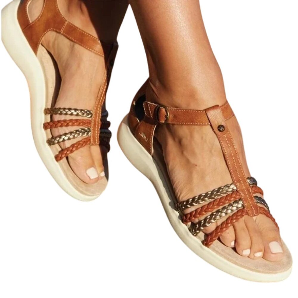 JBU Tan Braided Leather T-Strap Sandals